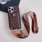 Small monogram Louis Vuitton crossbody card holder iPhone case showing the compact pattern