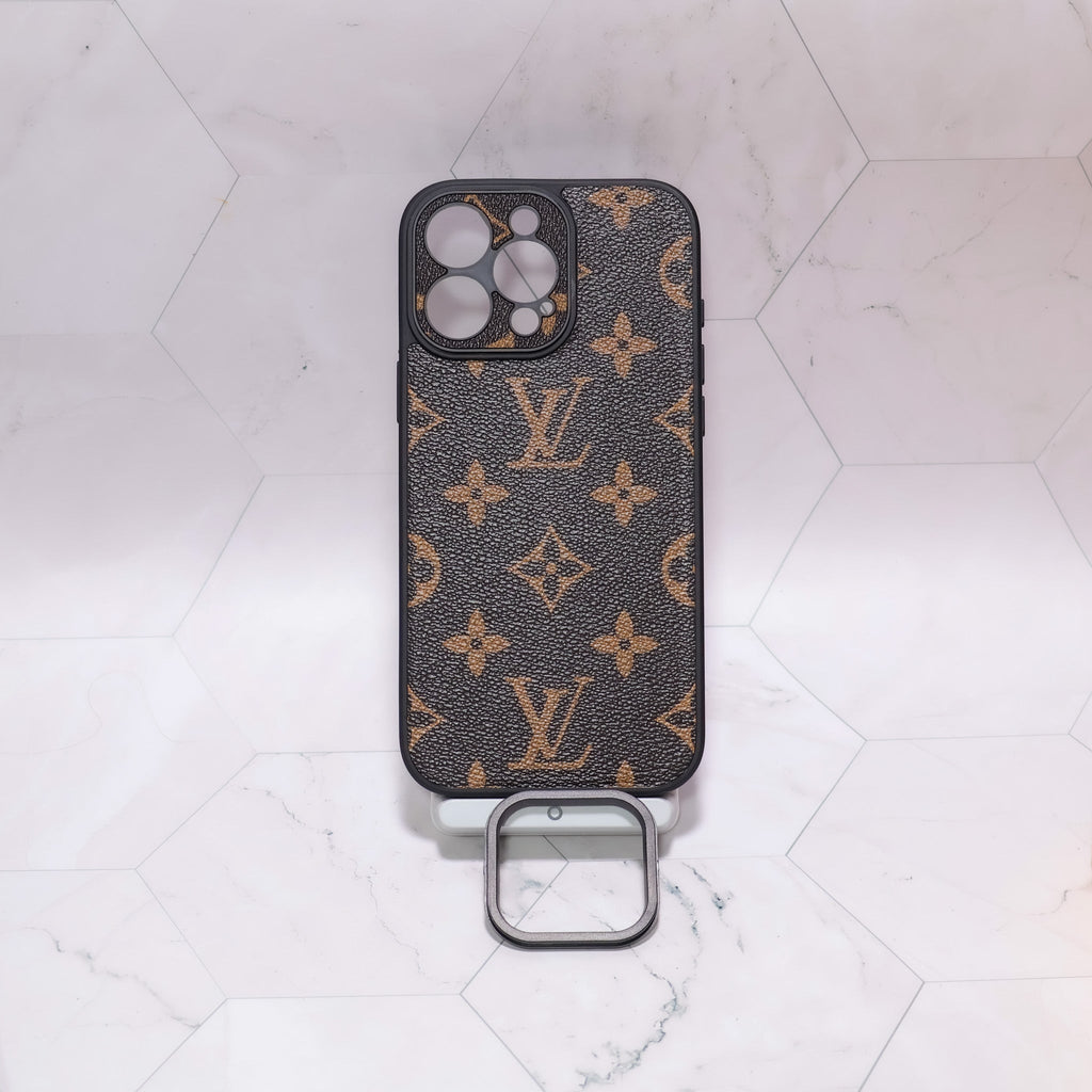 LV iPhone case with swappable camera lens frame close-up highlighting the camera surround and material finish