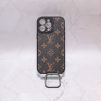 LV iPhone case with swappable camera lens frame close-up highlighting the camera surround and material finish