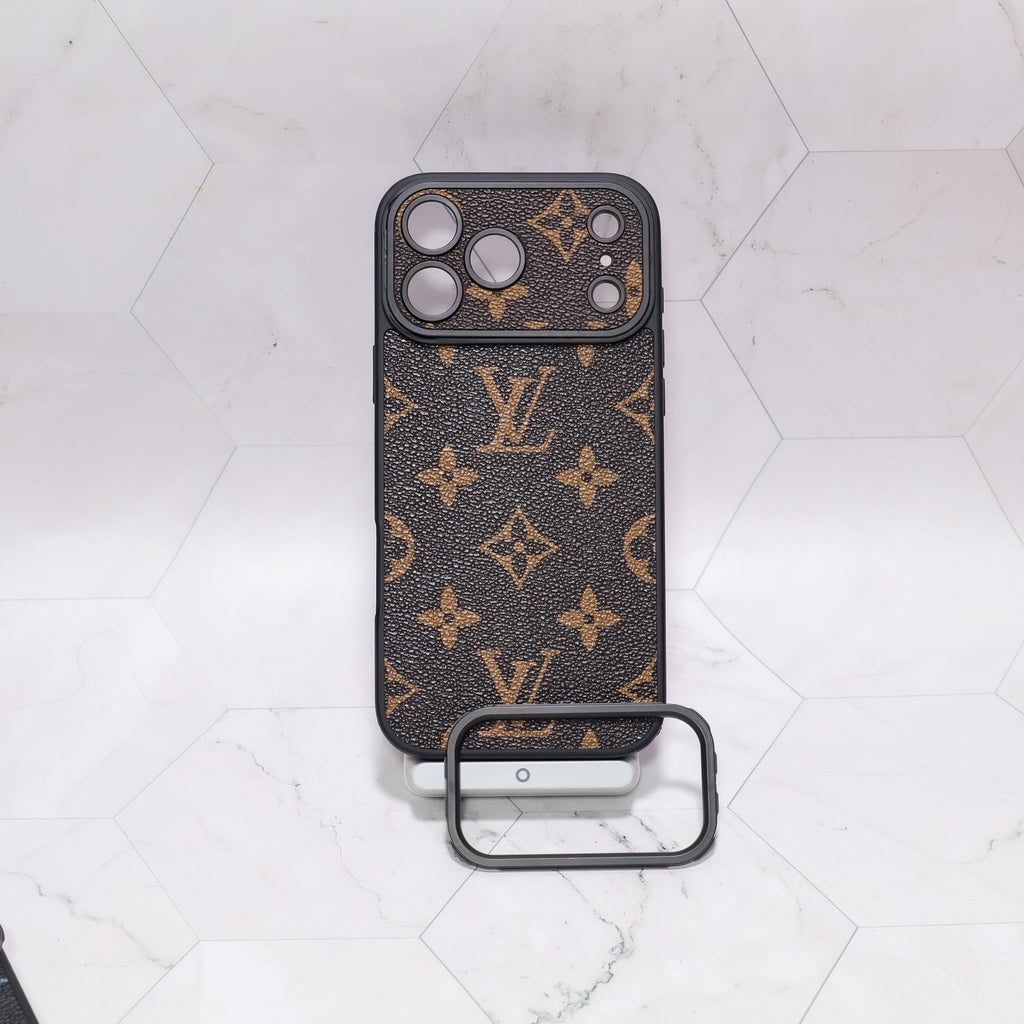 LV iPhone case with swappable camera lens frame showing the protective back and replaceable lens opening