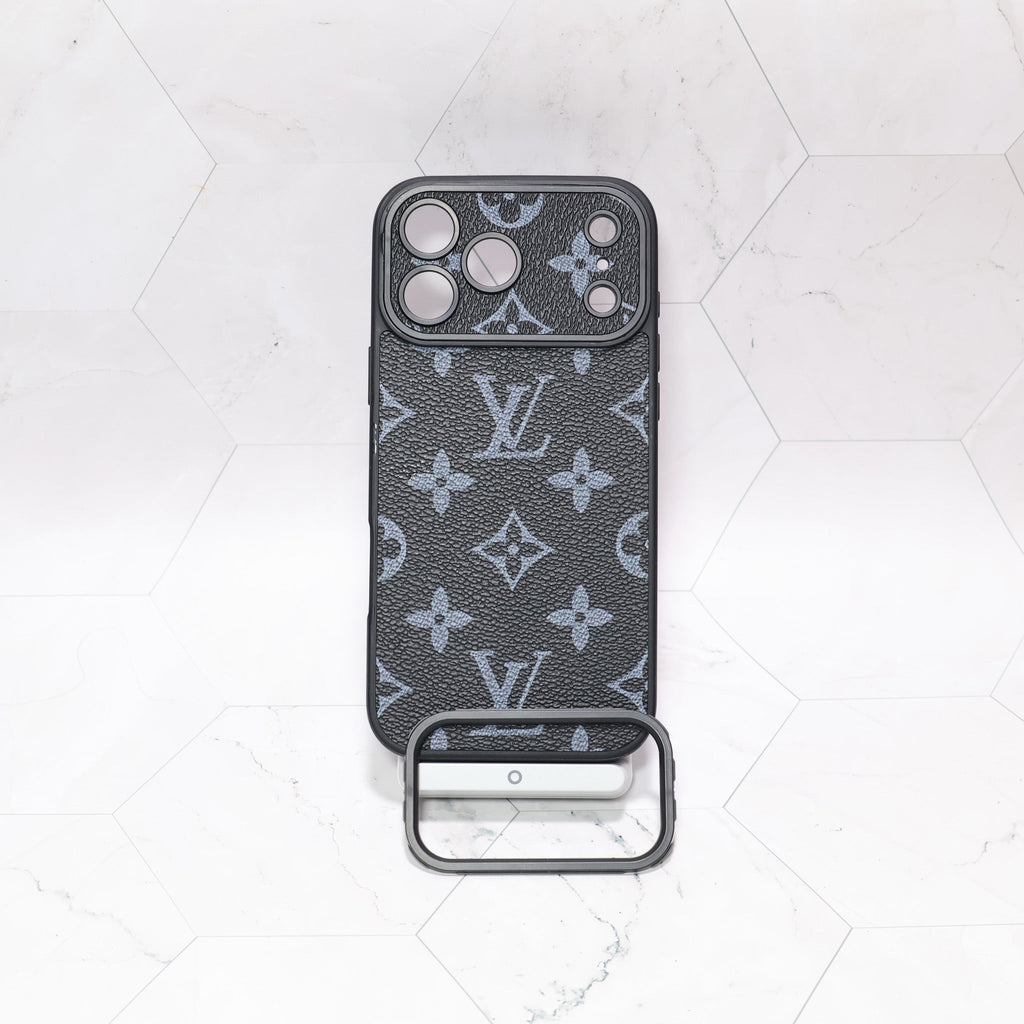 LV iPhone case with swappable camera lens frame close-up showing the removable camera guard and edge finish