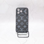 LV iPhone case with swappable camera lens frame close-up showing the removable camera guard and edge finish
