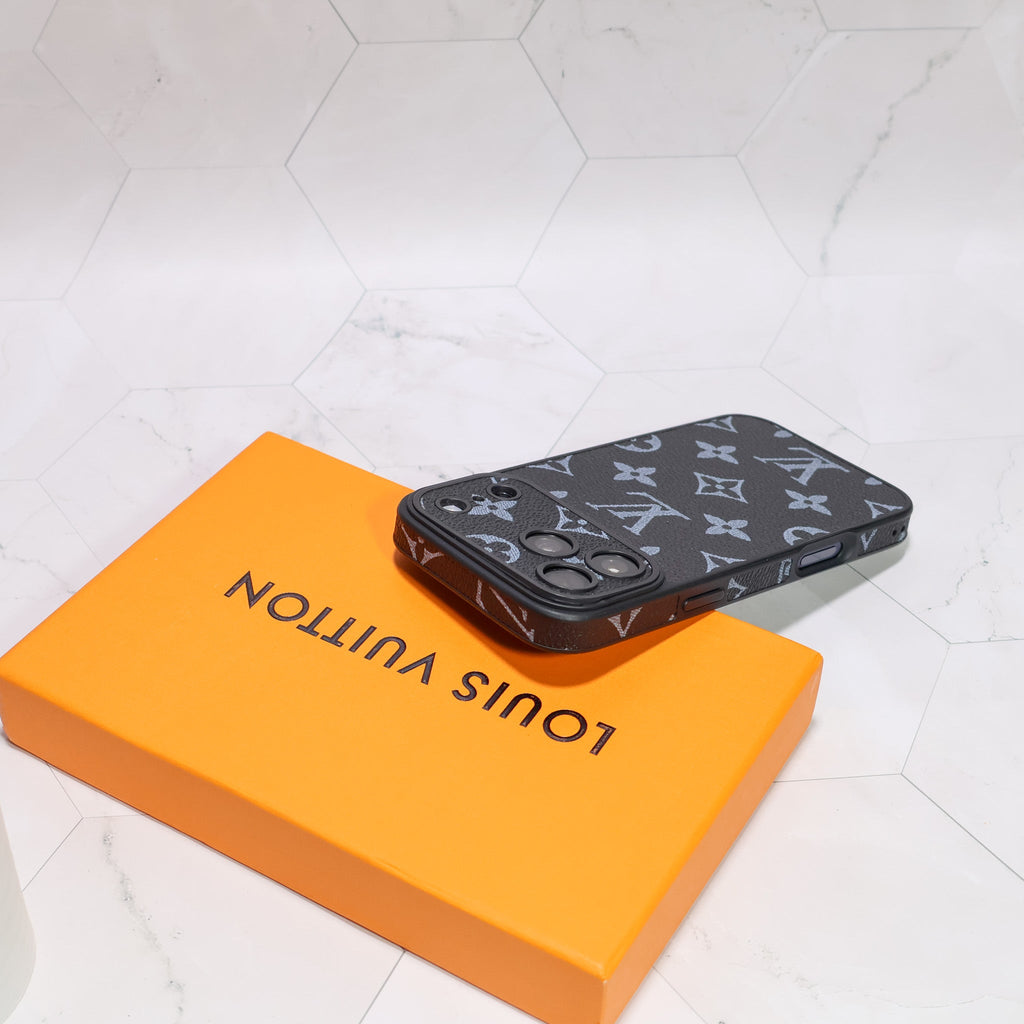 LV iPhone case with swappable camera lens frame showing the fitted camera area and patterned rear cover