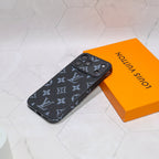 LV iPhone case with swappable camera lens frame close-up showing the camera frame and back pattern