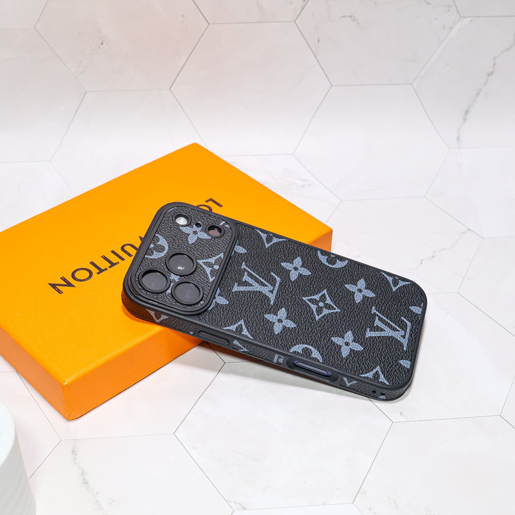 LV iPhone case with swappable camera lens frame showing the slim protective edge and camera opening