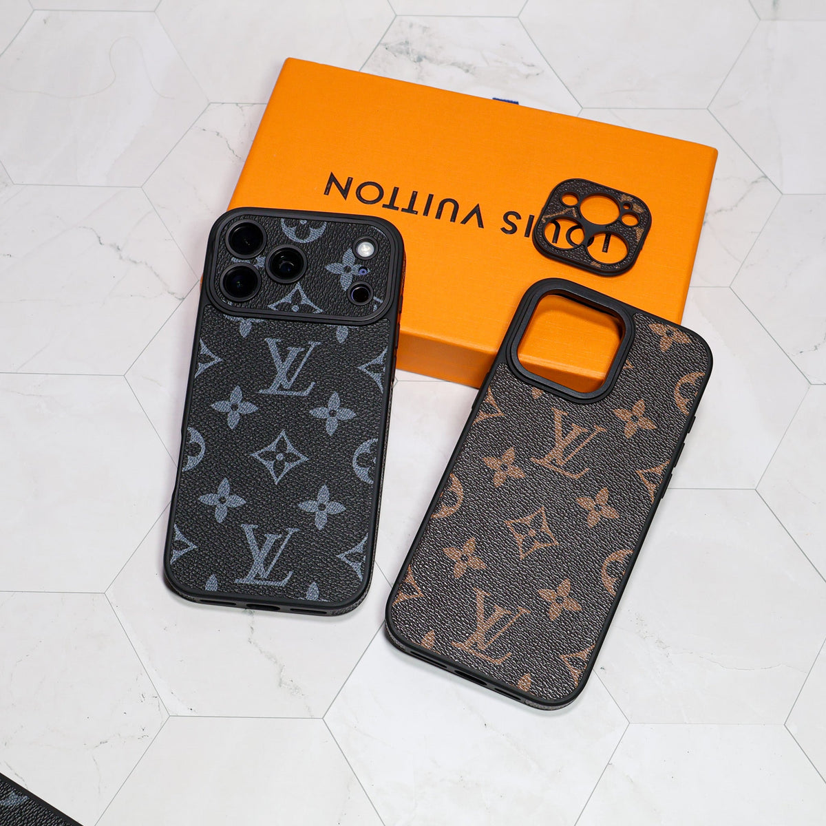 LV iPhone case with swappable camera lens frame showing the camera guard and fitted rear cover