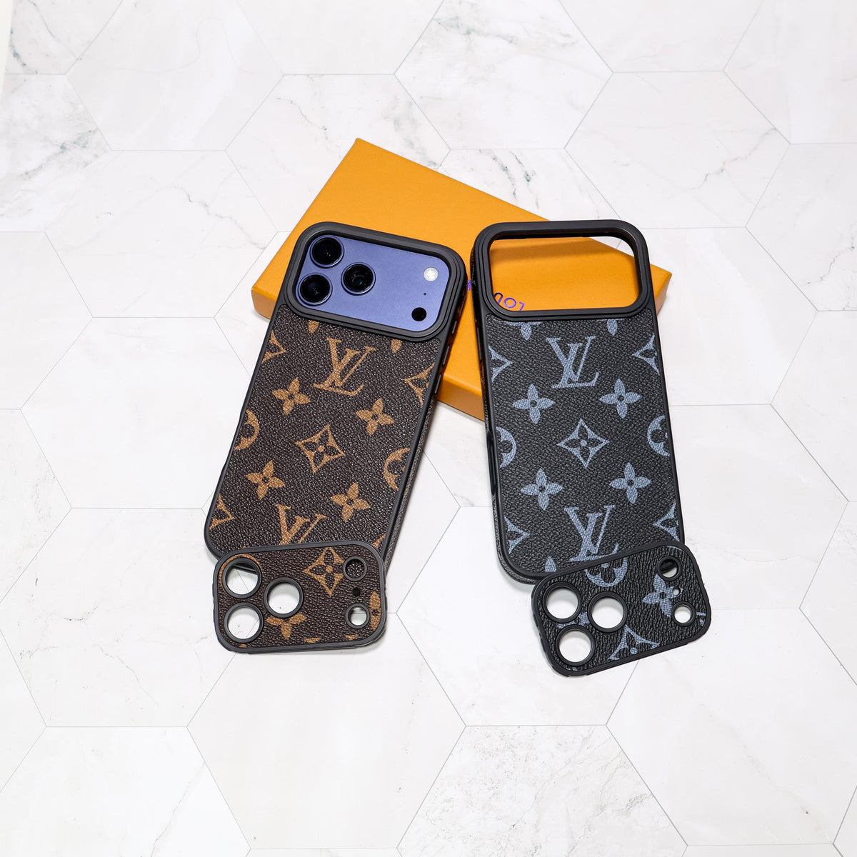 LV iPhone case with swappable camera lens frame showing the replaceable camera opening