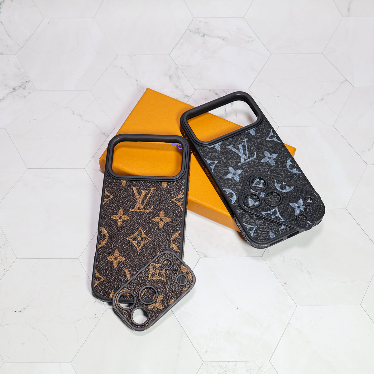 LV iPhone case with swappable camera lens frame close-up highlighting the interchangeable camera surround
