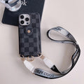 Black checkered Louis Vuitton crossbody card holder iPhone case showing the dark patterned rear cover