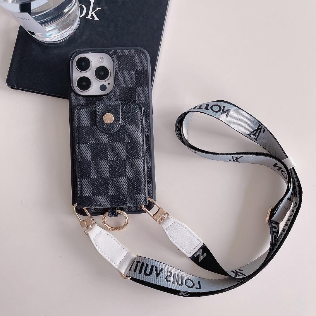 Black checkered Louis Vuitton crossbody card holder iPhone case showing the dark patterned rear cover
