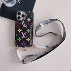 Black rainbow Louis Vuitton crossbody card holder iPhone case showing the colorful monogram finish