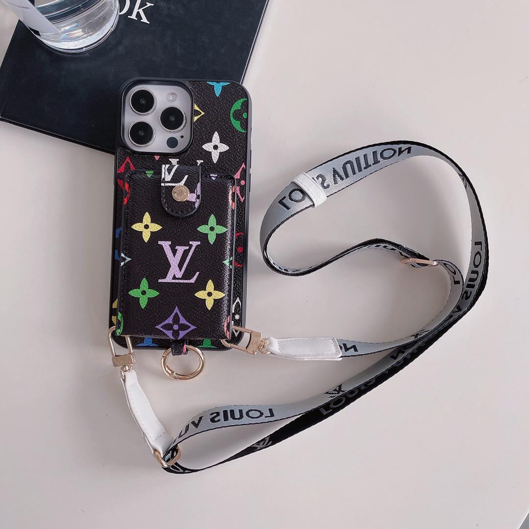 Black rainbow Louis Vuitton crossbody card holder iPhone case showing the colorful monogram finish