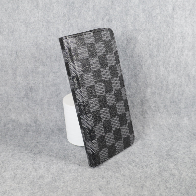 Black classic LV iPhone wallet case showing the patterned folio cover and card holder