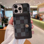 Black LV card slot iPhone wallet case showing the dark monogram finish