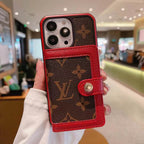 LV card slot iPhone wallet case showing a brown pattern with red accent trim
