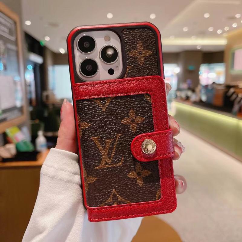 LV card slot iPhone wallet case showing a brown pattern with red accent trim