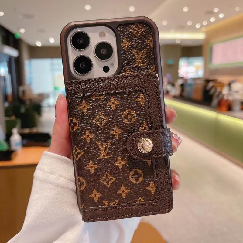 Small monogram LV card slot iPhone case showing the compact patterned wallet back