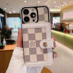 White patterned LV card slot iPhone case showing the light wallet-style finish