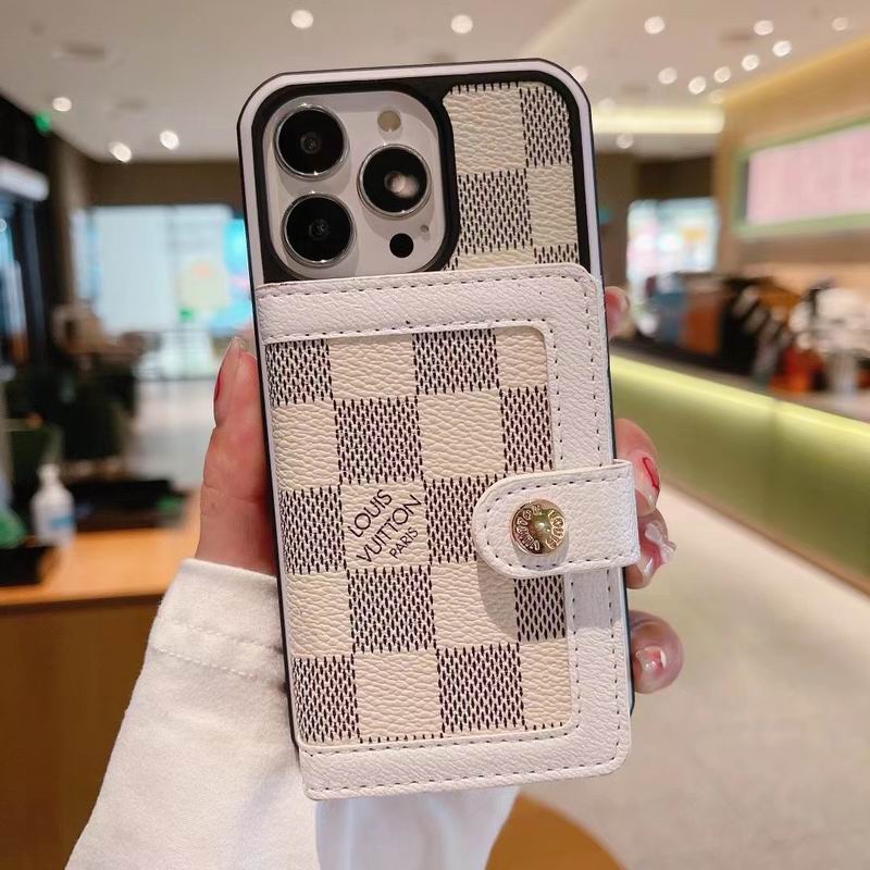 White patterned LV card slot iPhone case showing the light wallet-style finish