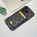 Black checkered LV MagSafe iPhone case with magnetic card holder attached