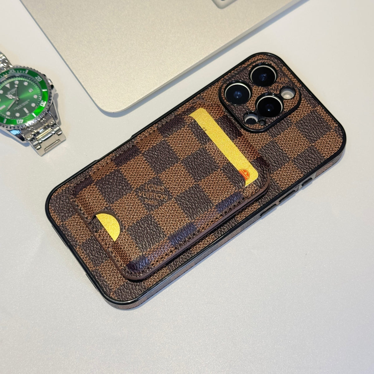 Brown checkered LV MagSafe iPhone case with magnetic card holder and wallet-style back