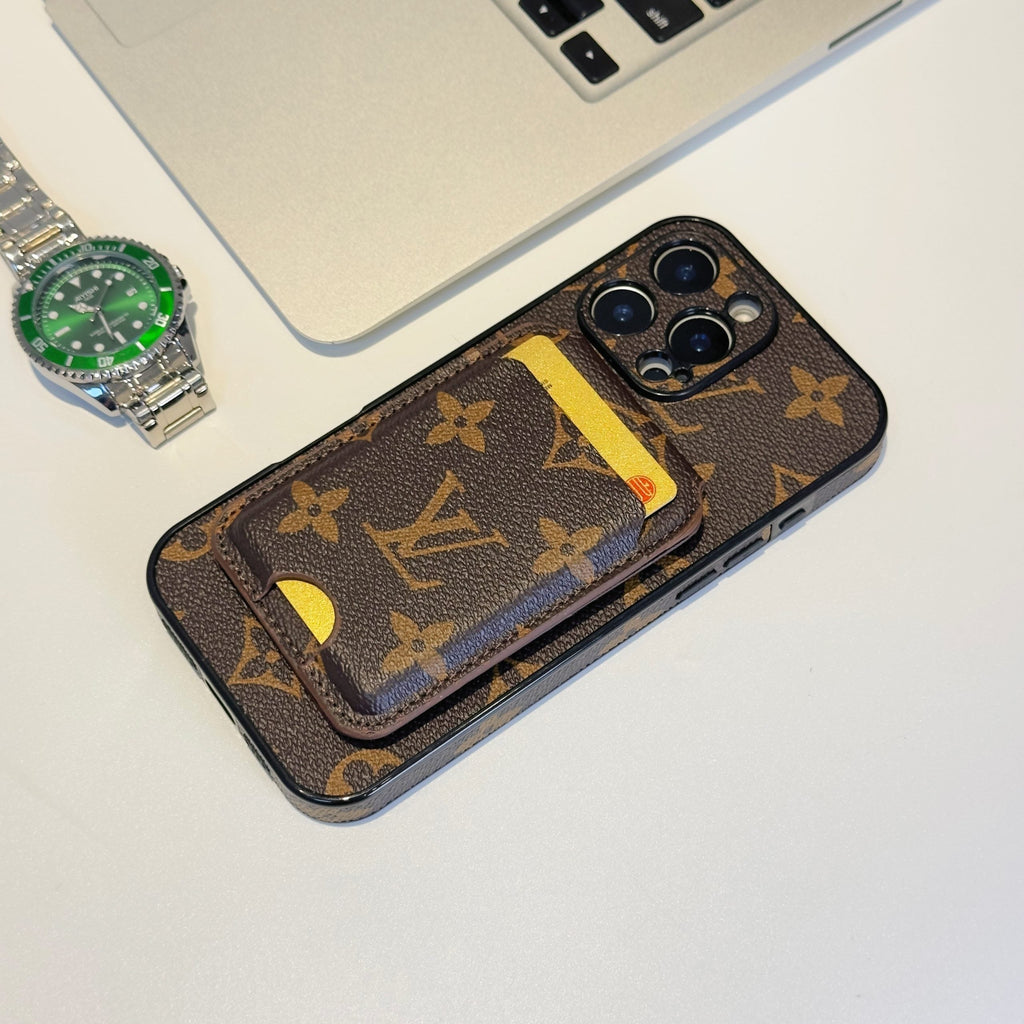 LV MagSafe iPhone case with magnetic card holder showing the wallet feature and back design