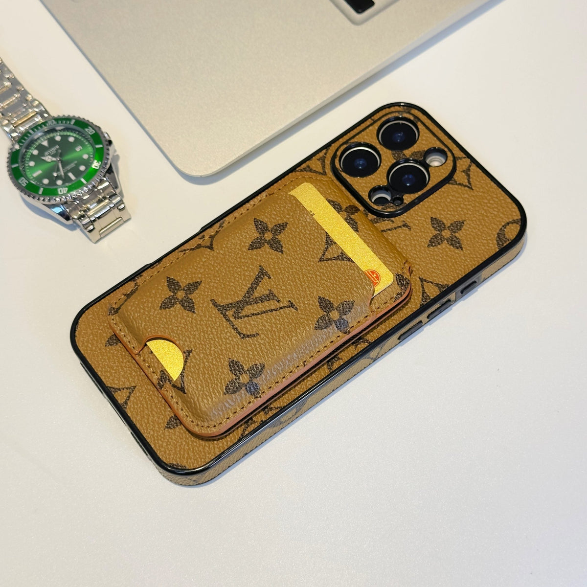 Pale monogram LV MagSafe iPhone case showing the magnetic card holder and light finish
