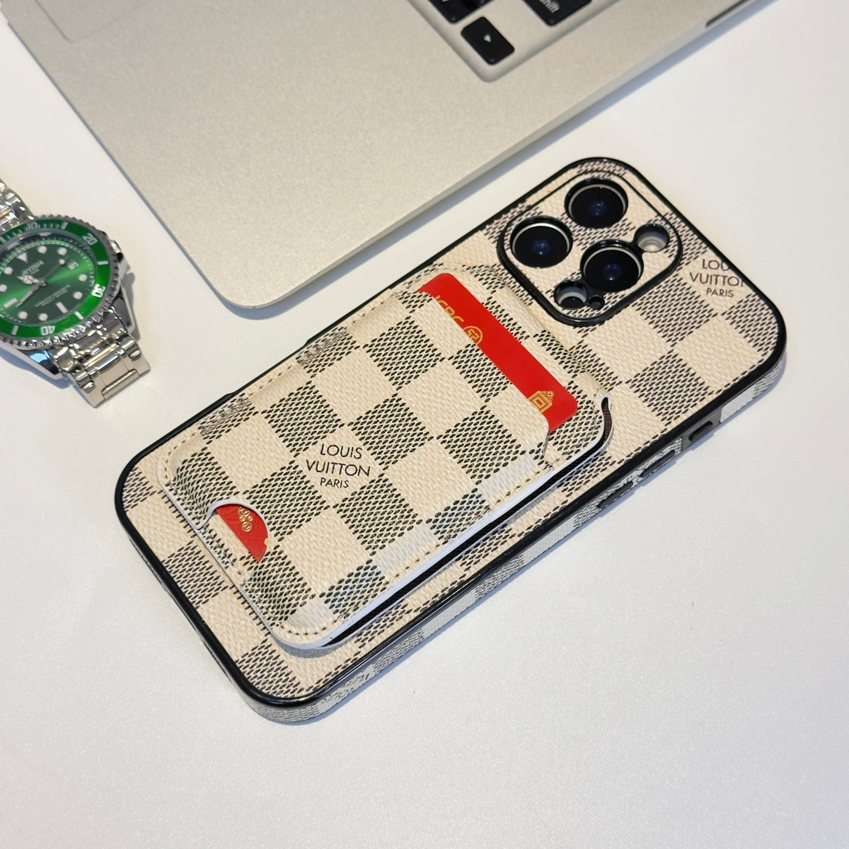 White checkered LV MagSafe iPhone case with magnetic card holder and bright patterned finish
