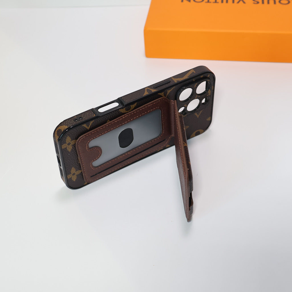 LV MagSafe iPhone case showing the magnetic wallet attachment and edge protection