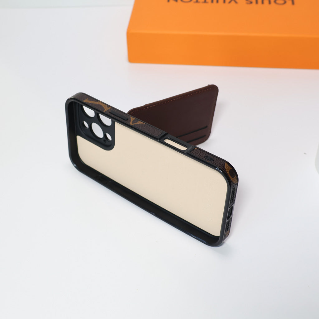 Detailed view of the LV MagSafe card holder iPhone case and patterned rear cover