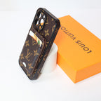 LV iPhone MagSafe case showing the attached card wallet and patterned leather finish