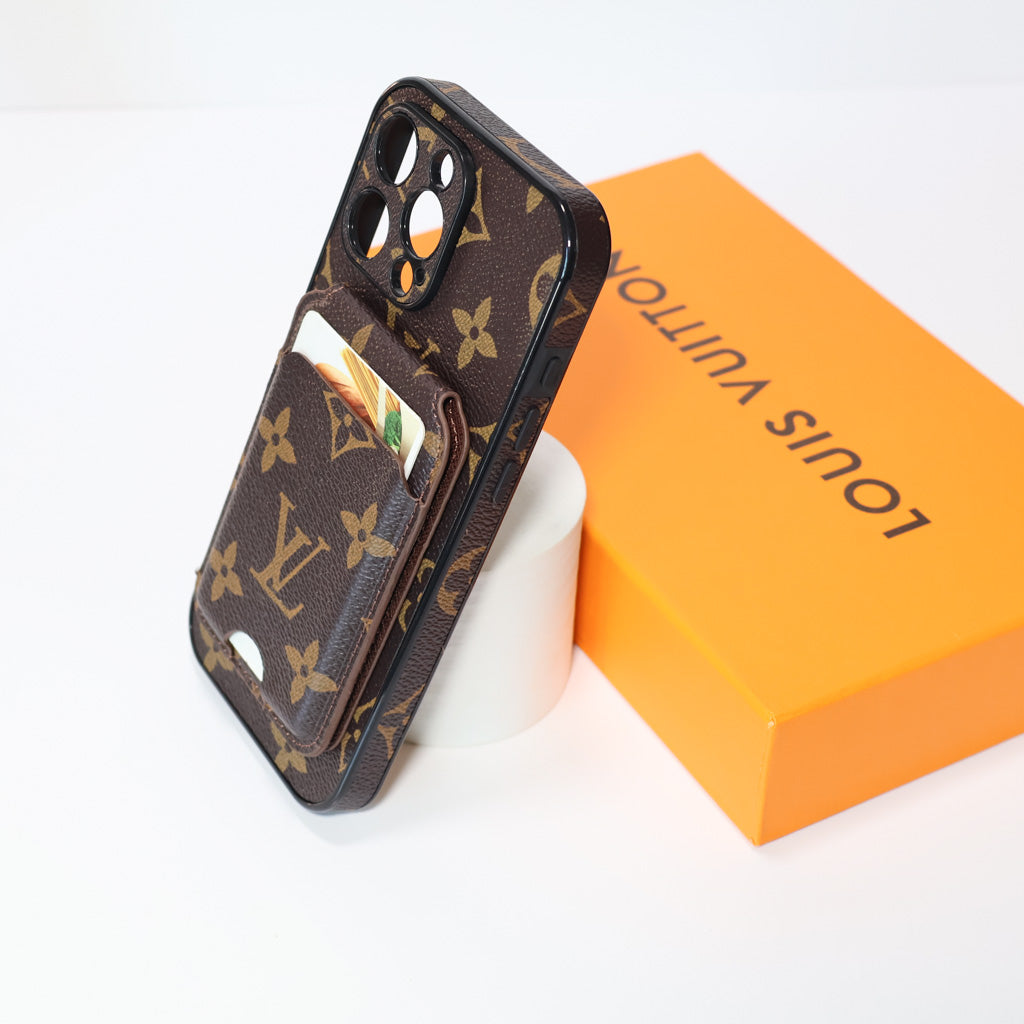 LV iPhone MagSafe case showing the attached card wallet and patterned leather finish