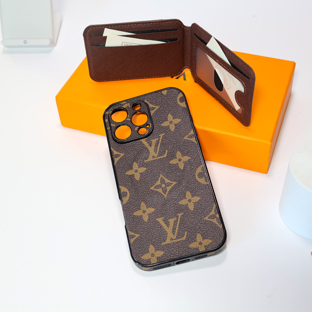 LV MagSafe iPhone case with attached card holder showing the wallet-style rear design
