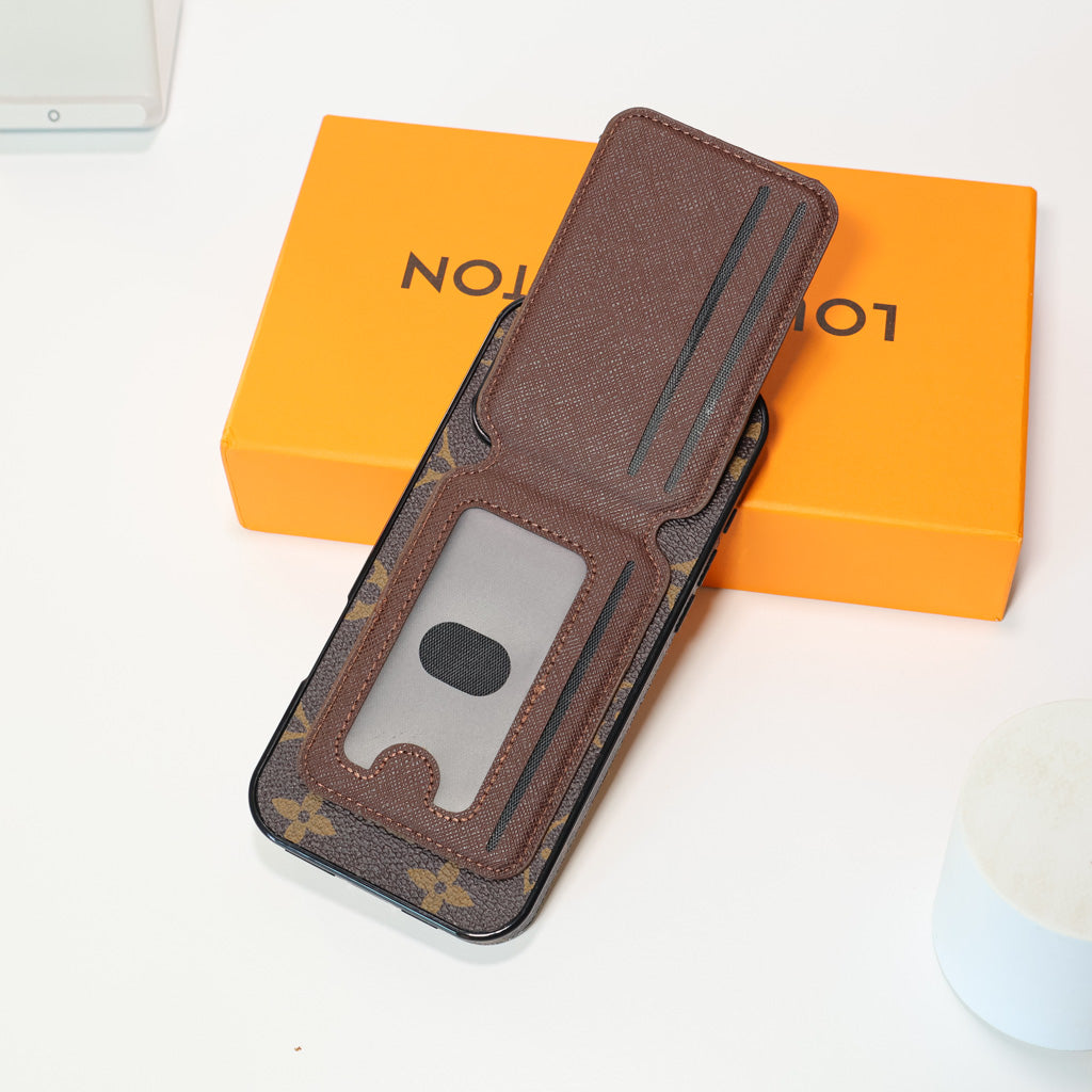 Close-up of the LV MagSafe card holder case showing the magnetic wallet connection