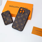 LV MagSafe iPhone case showing the magnetic card holder attached to the patterned back