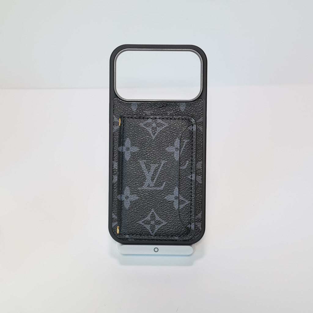 Fashion leather LV card holder wallet iPhone case showing the complete protective wallet-style design