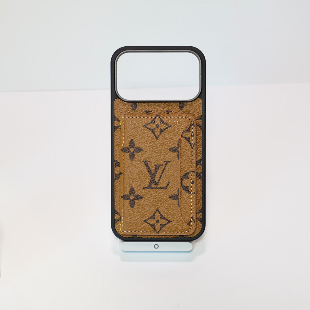 Fashion leather LV card holder wallet iPhone case close-up showing material texture and finished edges