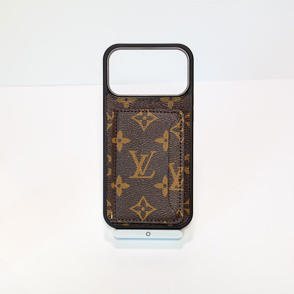 Fashion leather LV card holder wallet iPhone case showing the fitted corners and integrated wallet
