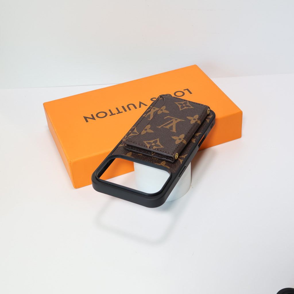 Fashion leather LV card holder wallet iPhone case showing the protective rear design and camera opening