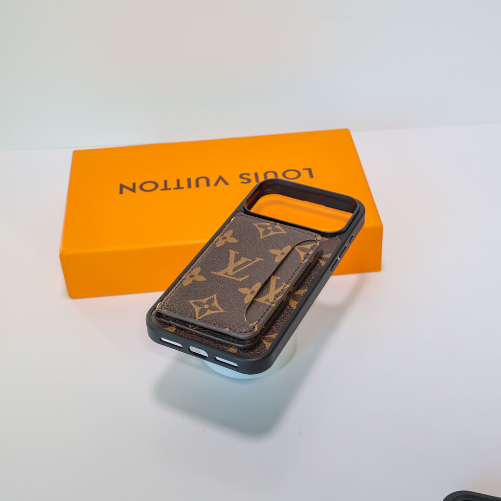 Fashion leather LV card holder wallet iPhone case close-up showing the patterned cover and storage