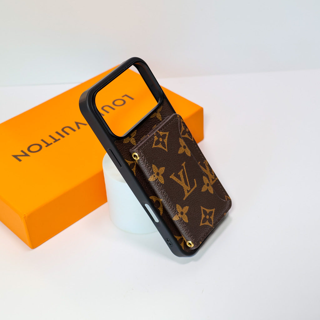 Fashion leather LV card holder wallet iPhone case showing the card holder and leather finish