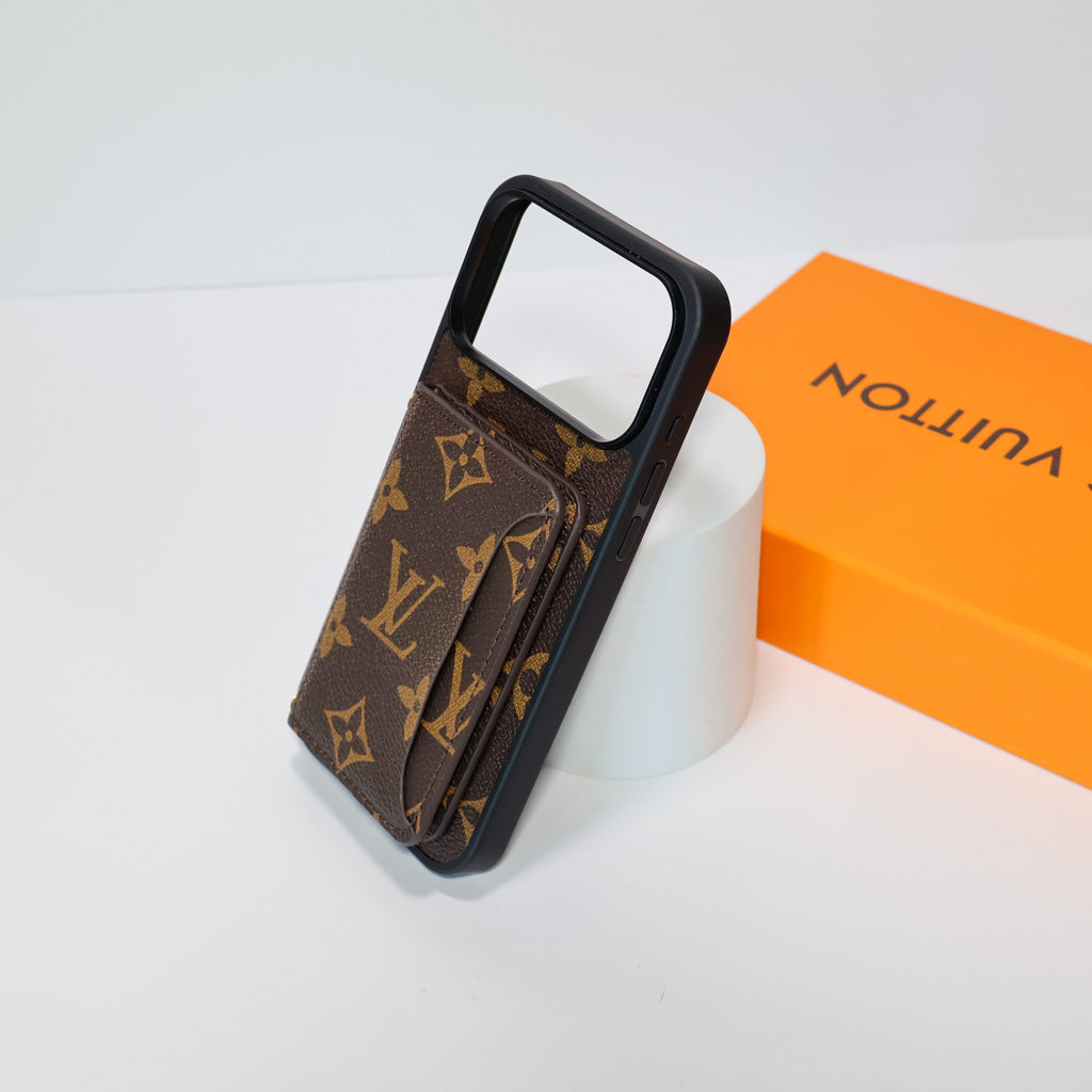 Fashion leather LV card holder wallet iPhone case showing the slim folding wallet profile