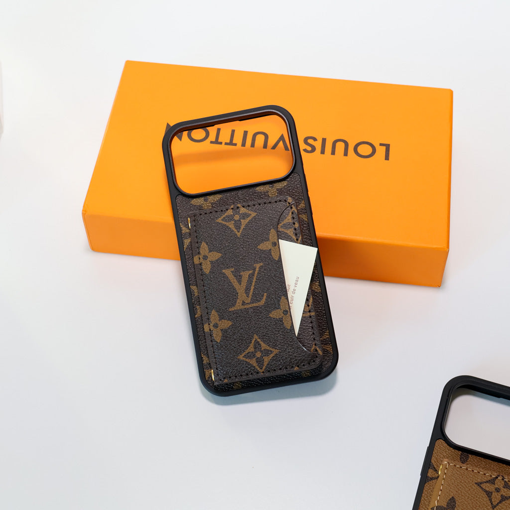 Fashion leather LV card holder wallet iPhone case showing the fitted camera area and protective edges
