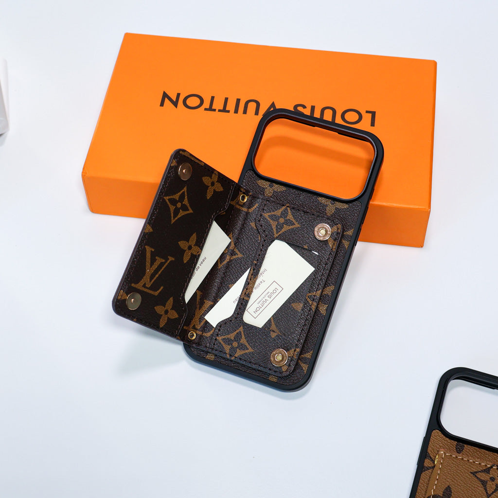 Fashion leather LV card holder wallet iPhone case close-up showing card storage and texture
