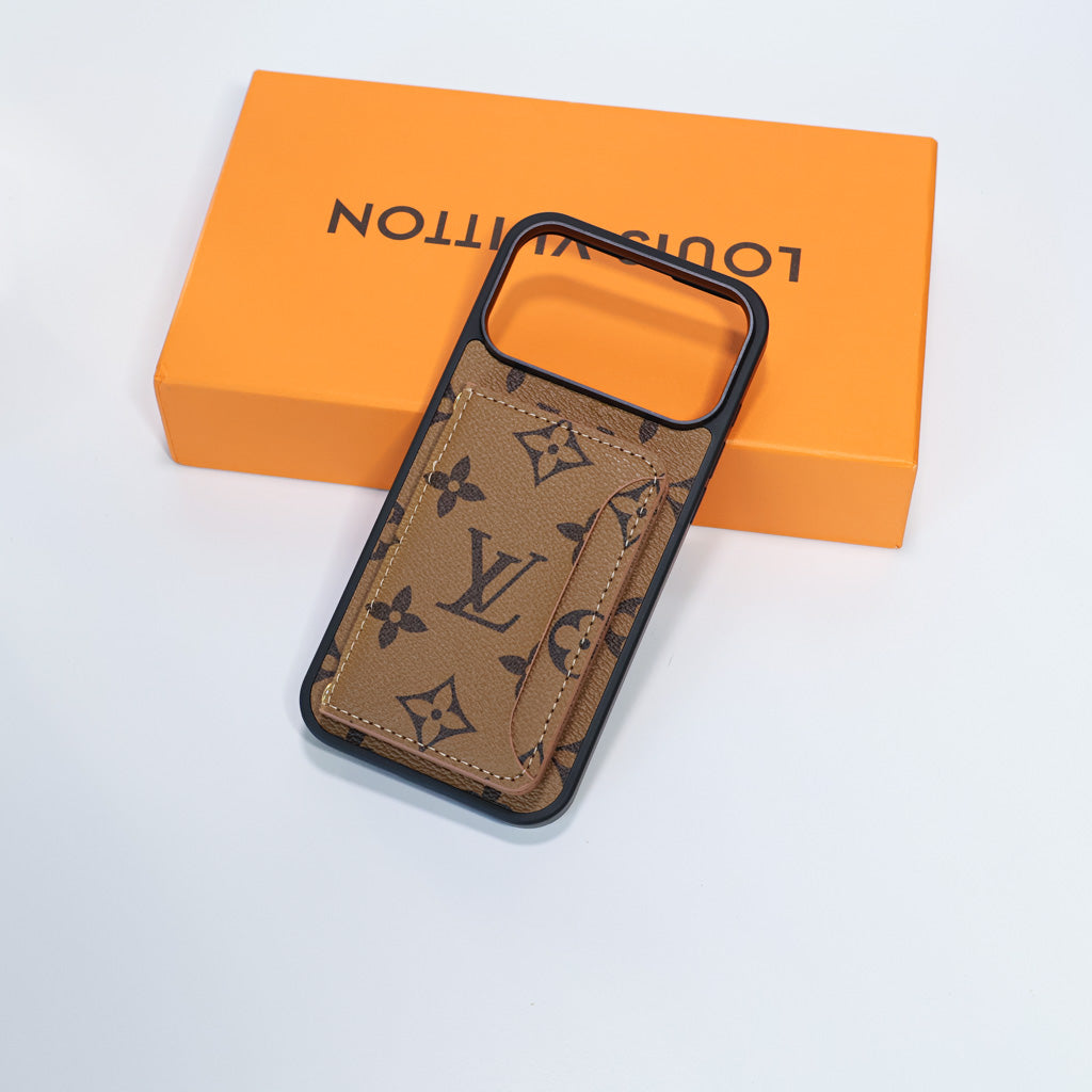 Fashion leather LV card holder wallet iPhone case showing the rear storage and patterned finish