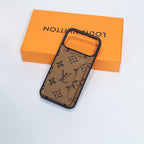 Fashion leather LV card holder wallet iPhone case showing the rear storage and patterned finish
