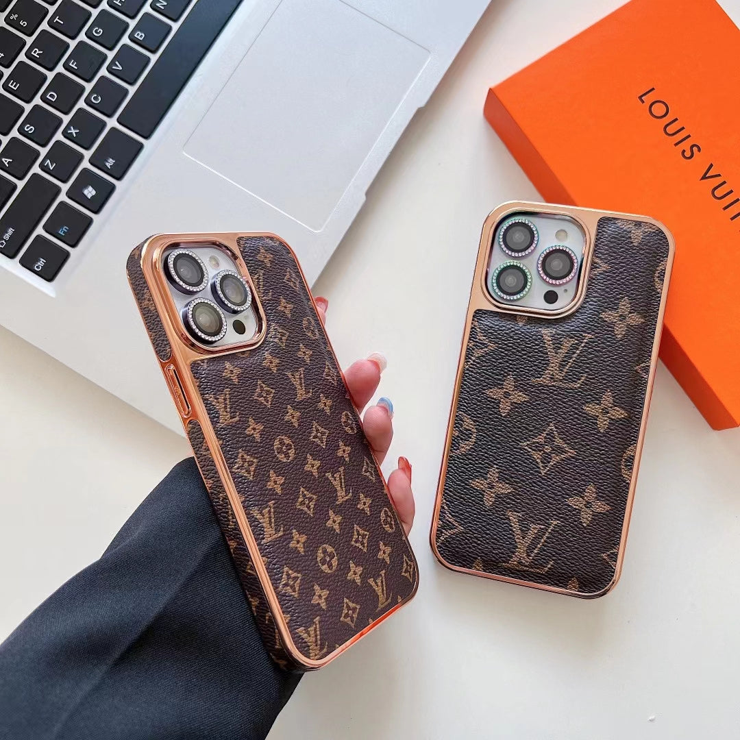Close-up of the luxury leather iPhone case highlighting the rhinestone camera frame