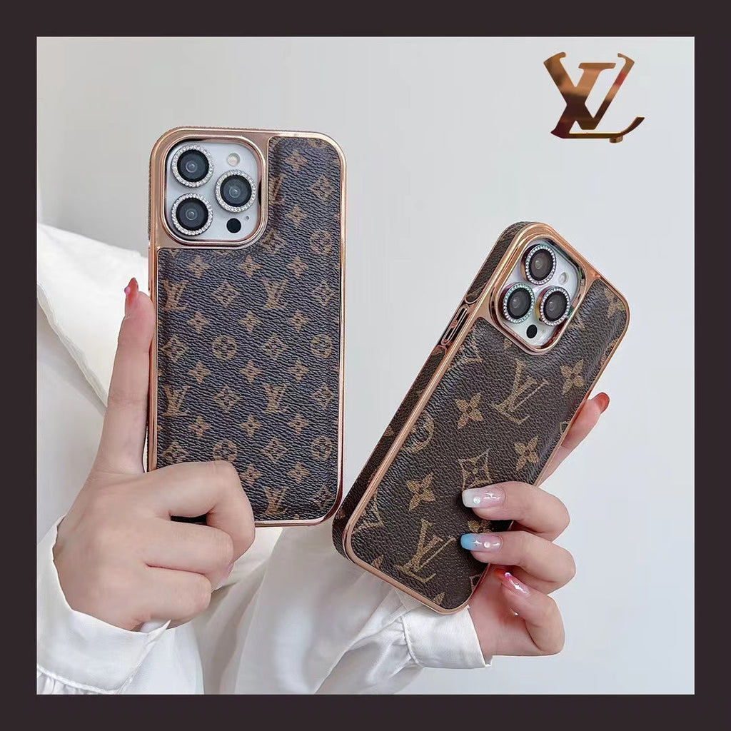 Louis Vuitton iPhone case showing the classic leather finish and decorative camera protection