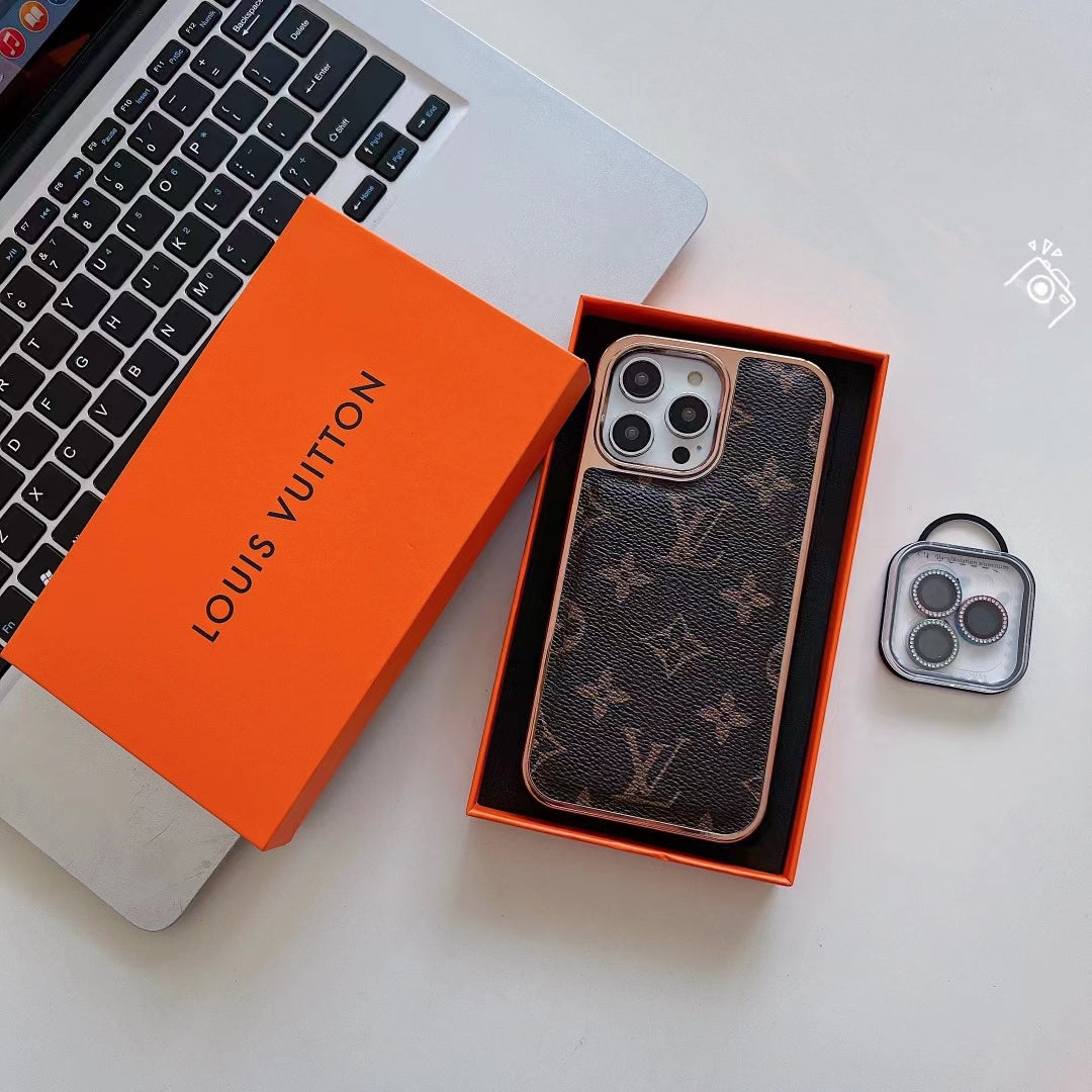 Detailed view of the Louis Vuitton iPhone case showing leather texture and camera detail