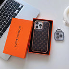 Louis Vuitton leather iPhone case shown from the rear with rhinestone camera protection